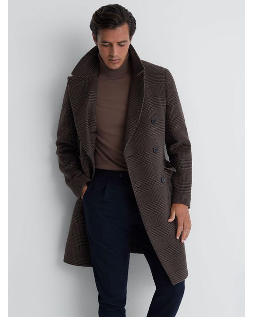 Reiss Brown Date Wool Blend Double Breasted Check Coat for men
