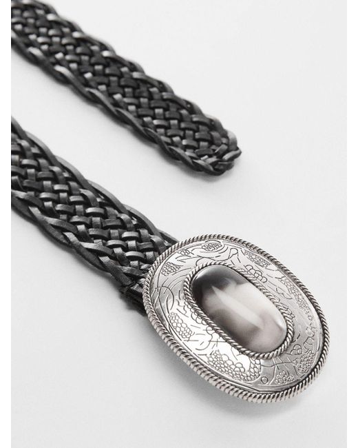 Mango Gray Tropez Engraved Buckle Leather Belt