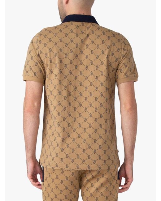 Luke 1977 Brown Henderson Geometric Print Zip Neck Polo Shirt for men