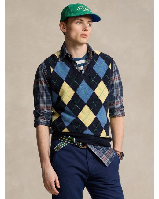 Ralph Lauren Blue Argyle Cashmere Vest Jumper for men