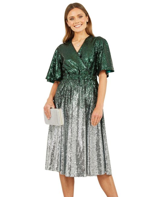 Yumi' Green Ombre Sequin Midi Wrap Dress