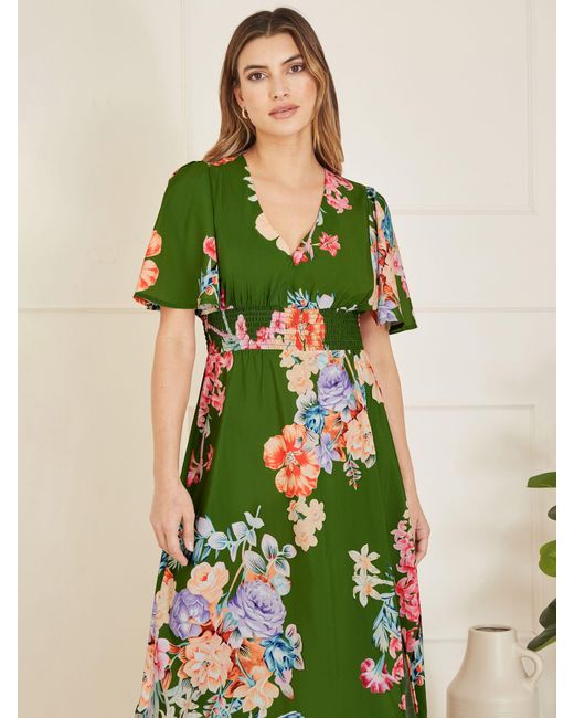 Yumi' Green Mela London Floral Print Ruched Waist Maxi Dress