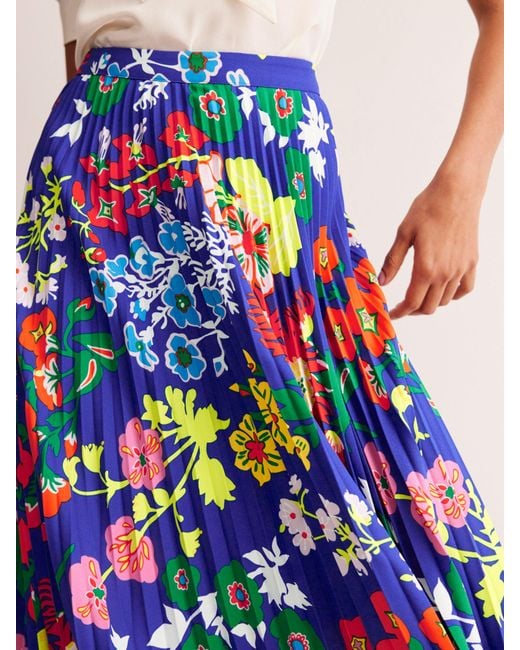 Boden Blue Floral Print Pleated Midi Skirt