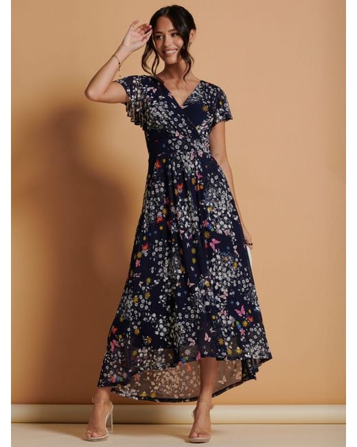 Jolie Moi Blue Mesh Floral Print Dip Hem Maxi Dress