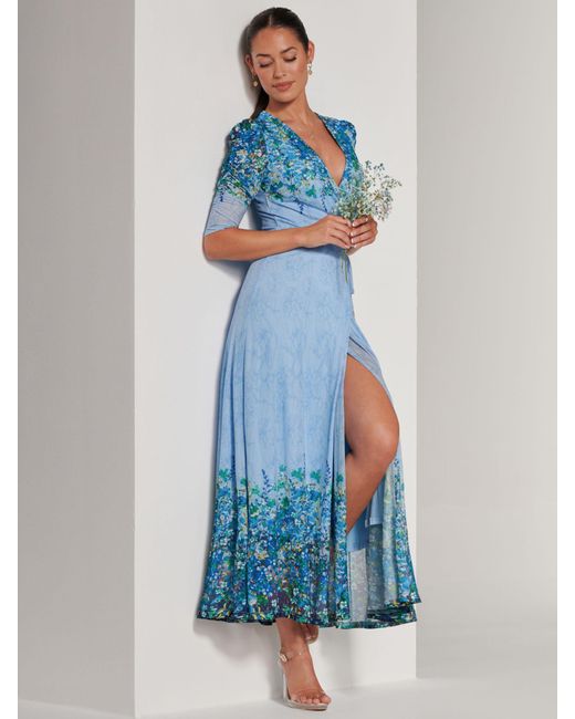 Jolie Moi Blue Peggy Mirrored Floral Print Mesh Maxi Dress