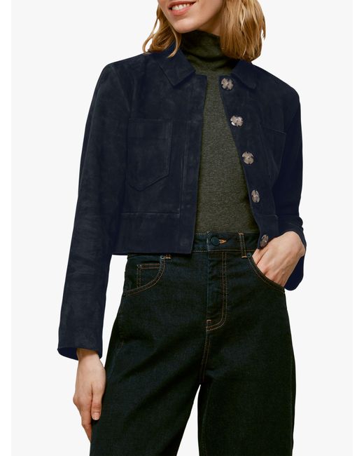 Whistles Blue Selena Cropped Suede Jacket