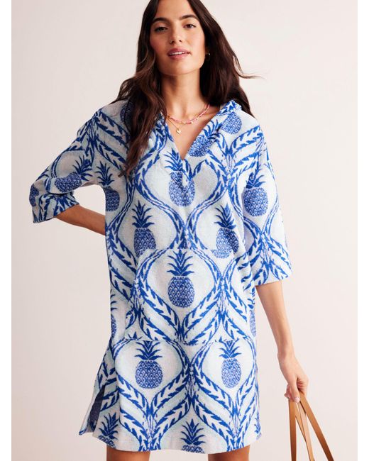 Boden Blue Pineapples Hooded Towelling Dress