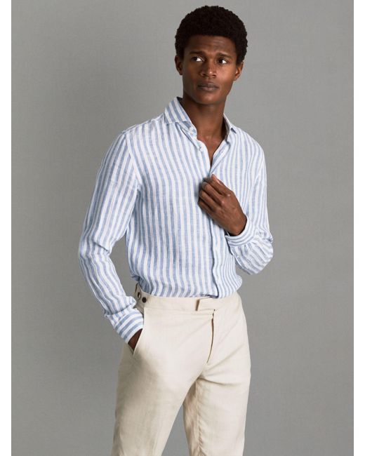 Reiss Gray Ruban Long Sleeve Linen Stripe Shirt for men
