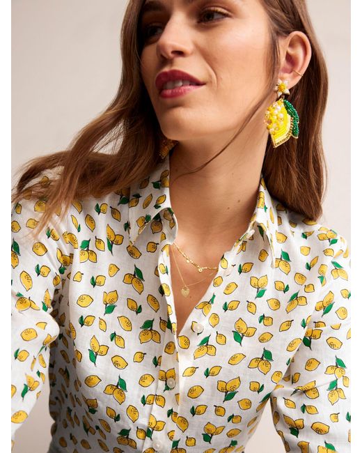 Boden Natural Sienna Linen Lemon Print Shirt