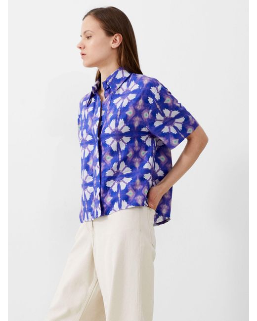 French Connection Blue Dory Birdie Linen Blend Shirt