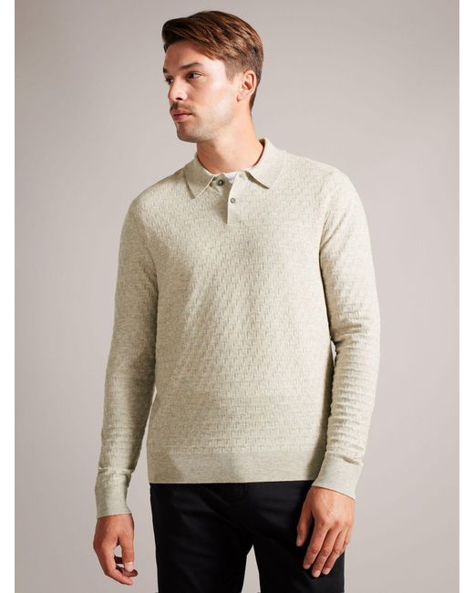 Ted Baker Natural Morar Long Sleeve Stitch Knitted Polo Shirt for men