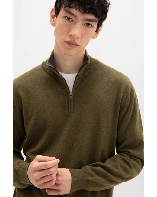 Johnstons Green Contrast Trim Cashmere Zip Neck Jumper for men