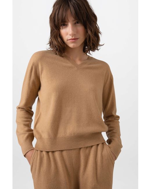 Johnstons Brown Classic Cashmere Cropped V Neck