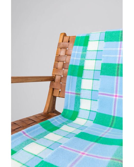 Johnstons Blue Bordered Block Check Vibrant Double Face Lambswool Throw