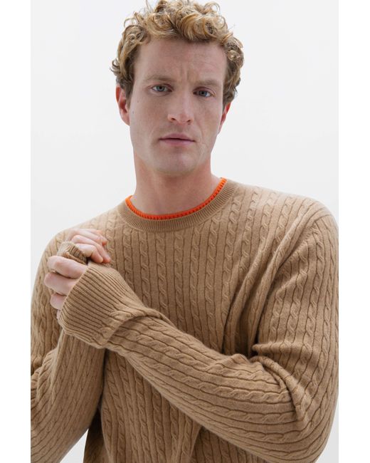 Johnstons Brown Contrast Trim Cable Cashmere Sweater