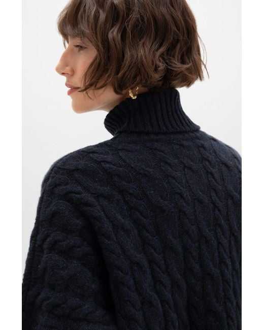 Johnstons Black Donegal Cable Knit Cashmere Dark Roll Neck Jumper
