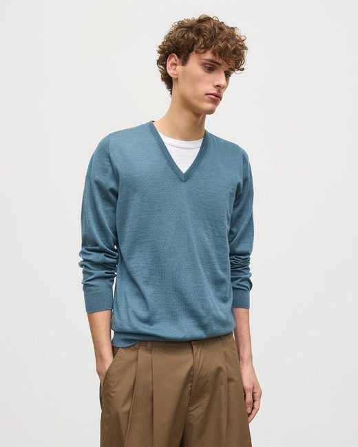 Johnstons Blue Fin V Neck Superfine Cashmere Jumper for men