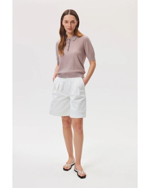 Johnstons Pink Superfine Merino Pointelle Argyle Polo Shirt
