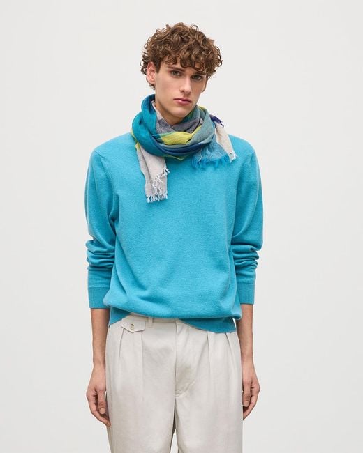 Johnstons Blue Rory Bright Classic Cashmere Crew Jumper for men