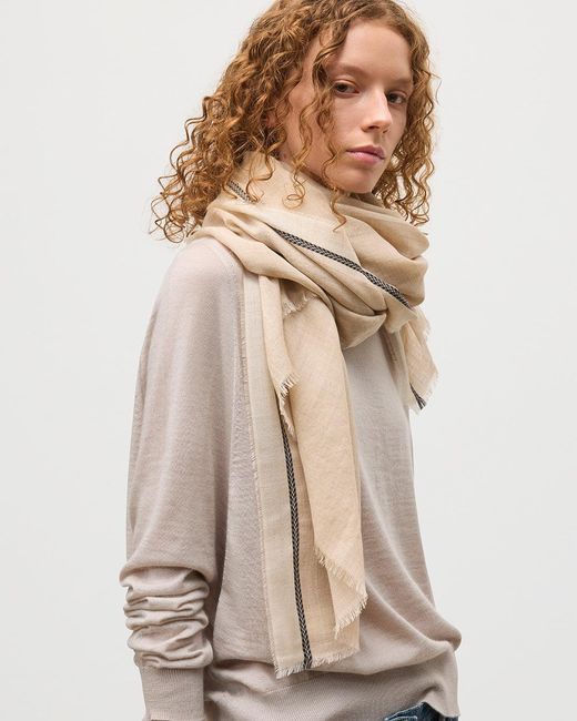 Johnstons White Ives Chevron Border Cashmere Scarf