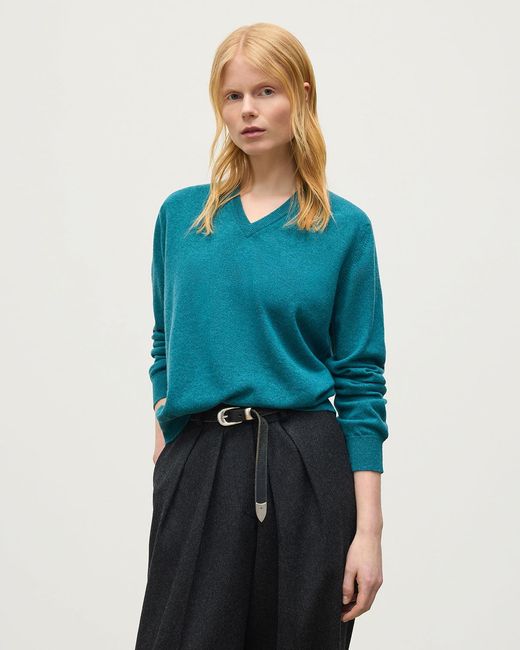 Johnstons Blue Lunan Classic Cashmere V Neck Jumper