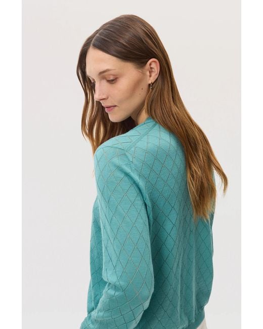 Johnstons Blue Superfine Merino Pointelle Argyle Cardigan