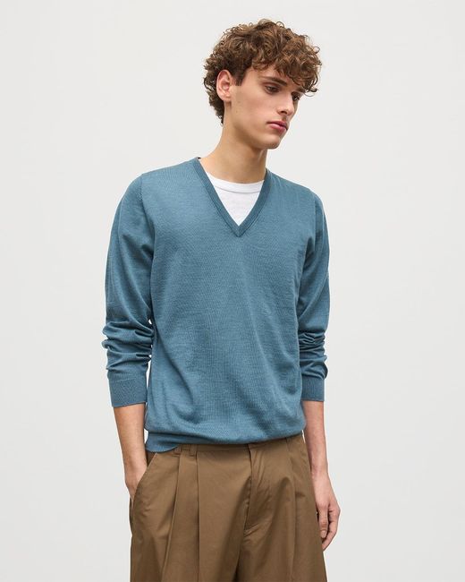 Johnstons Blue Fin V Neck Superfine Cashmere Jumper for men