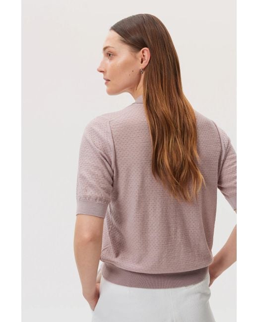 Johnstons Pink Superfine Merino Pointelle Argyle Polo Shirt