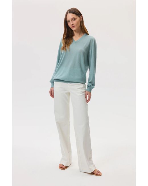 Johnstons Blue Superfine Cashmere Light V Neck Jumper