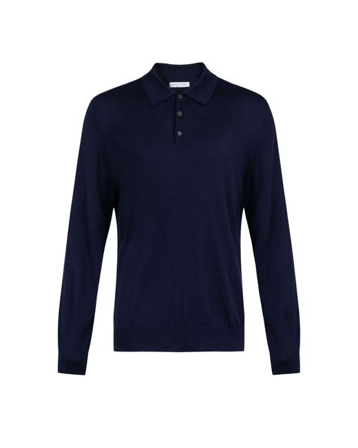 Johnstons Blue Merino Long Sleeve Poloshirt for men