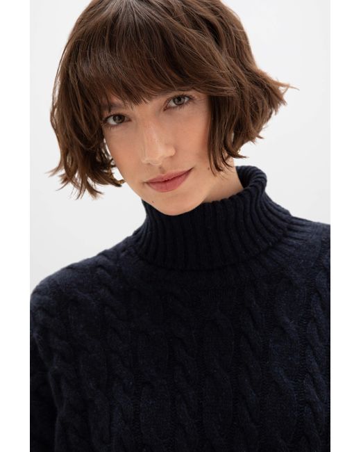 Johnstons Black Donegal Cable Knit Cashmere Dark Roll Neck Jumper