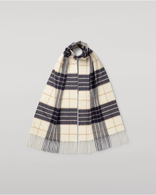 Johnstons White Wide Knockmore Tartan Cashmere Scarf