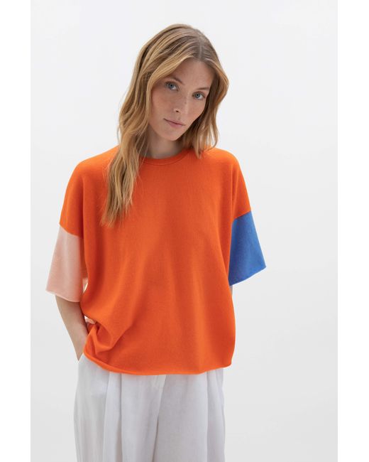 Johnstons Orange Colour Block Cashmere T-Shirt