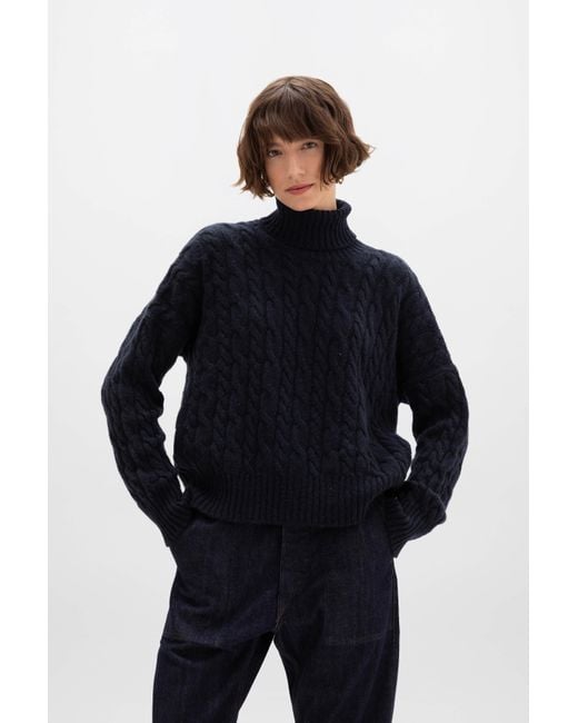 Johnstons Black Donegal Cable Knit Cashmere Dark Roll Neck Jumper