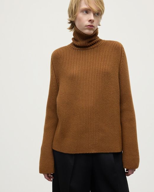 Johnstons Brown Roll-Collar Dark Camel Cashmere Jumper