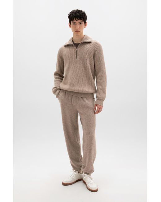 Johnstons of Elgin メンズ ブラウン リブ編みカシミヤジップネック 