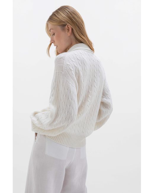 Johnstons White Cropped Cable Cashmere Sweater
