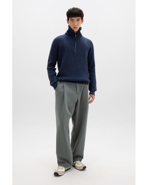 Johnstons Blue Ribbed Cashmere Zip Neck Mid Jumper for men
