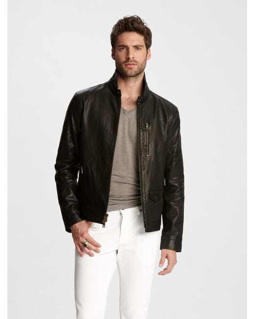 John Varvatos Star USA Mens Band Collar Leather Jacket 