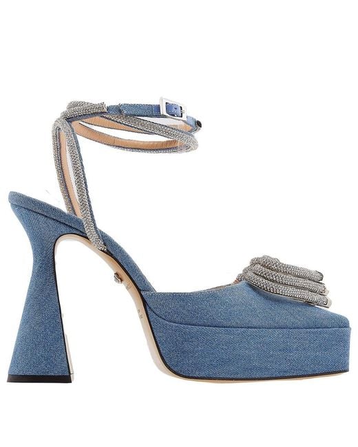 Mach & Mach Blue Denim Crystal Triple Heart Platform Pumps, Brand Size 36 Us
