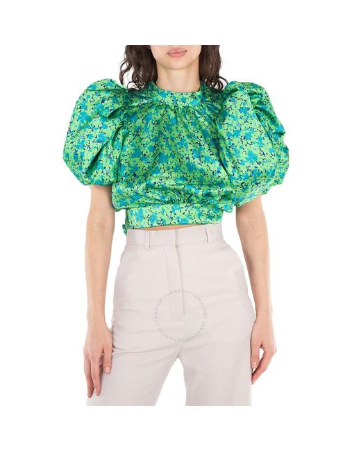 ROTATE BIRGER CHRISTENSEN Green Floral-Print Puff-Sleeve Crop Top