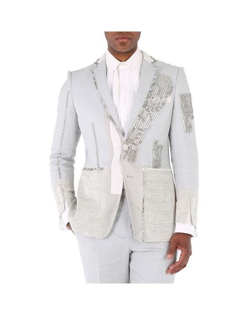 Burberry Gray Melange Techincal Linen Blazer With Crystal Embroidery for men