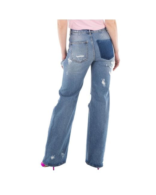 Rabanne Blue Ladies Ripped-Detailing Cotton Wide-Leg Jeans, Waist