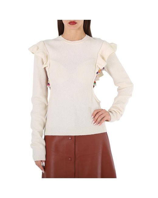 Chloé White Ladies Ruffled Crochet Sweater