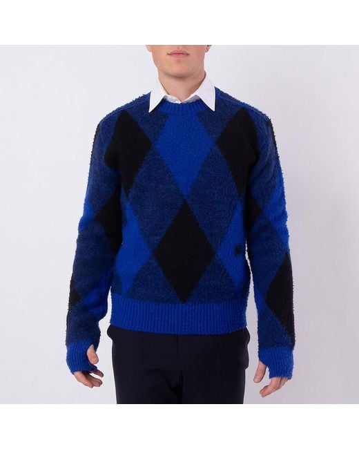 Burberry Blue Check Crew Knit Sweatshirt Wool for men