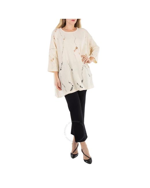Y's Yohji Yamamoto Natural Ys Ladies Ivory Oversized Wool Blend T-Shirt With Distressed Effect, Brand Size 2
