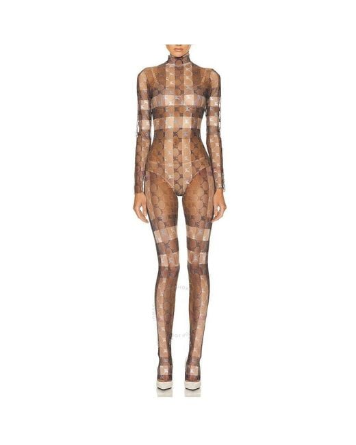 Burberry Natural Check Turtleneck Stretch Tulle Bodysuit