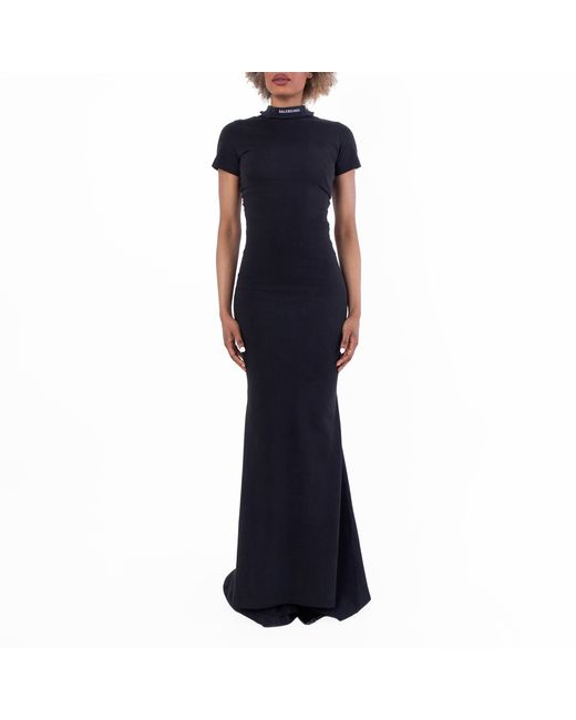 Balenciaga Blue Mock Neck Cotton Maxi Dress