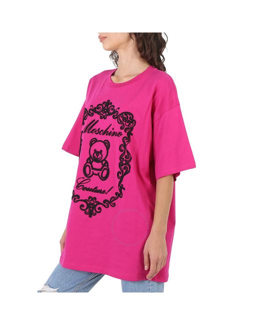 Moschino Pink Fantasy Print Violet Embroidered Teddy Logo T-shirt