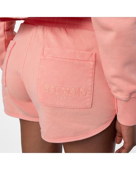 Balmain Pink Logo Embroidered Cotton Shorts
